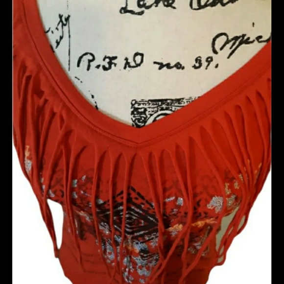 Womens sz Med Orange/Red silver tassel top short sleeve shirt nwotgs - Picture 6 of 8